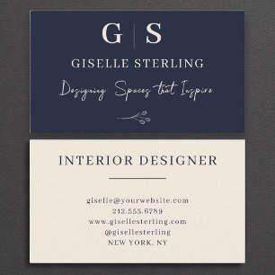 Tarjeta De Visita Diseñador interior Monograma Elegante Marina Azul 