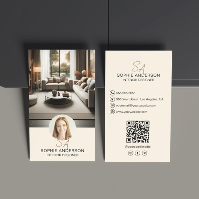 Tarjeta De Visita Diseñador interior Monograma Foto QR Crema (Interior Designer Monogram Photo QR Cream Business Card)