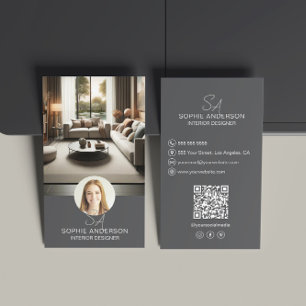 Tarjeta De Visita Diseñador interior Monograma Foto QR Gris
