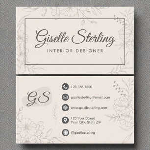 Tarjeta De Visita Diseñador interior Neutral Marfil Floral Elegante
