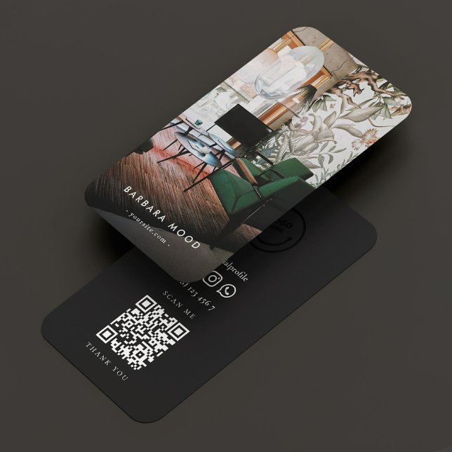 Tarjeta De Visita Diseñador moderno retrato logotipo fotográfico QR  (Modern Designer Portrait Photo Logo QR Black Business Card
)