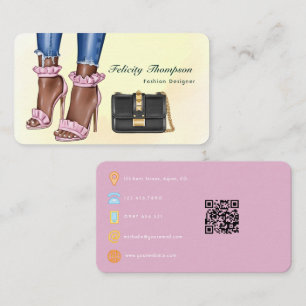 Tarjeta De Visita Diseñadora de Moda Rosa y Dorado Código QR de Nego