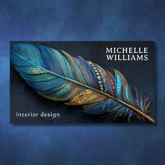 Tarjeta De Visita Diseño Artístico Pluma Azul Teal Dorado Boho Atrac