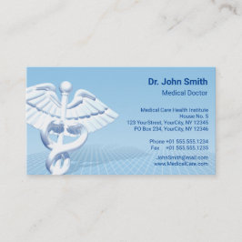 Tarjeta De Visita Diseño azul Caduceus 3D blanco médico