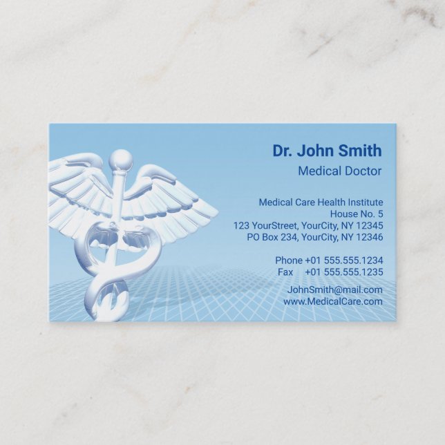 Tarjeta De Visita Diseño azul Caduceus 3D blanco médico (Anverso)