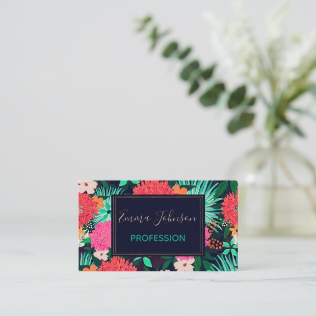 Tarjeta De Visita Diseño azul-Marina de pintura floral vibrante Boni (Anverso de pie)