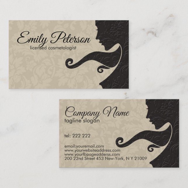 Tarjeta De Visita Diseño Belleza/Cosmetología Beige Y Marrón Oscuro (Anverso / Reverso)