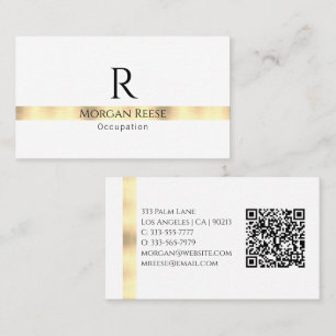 Tarjeta De Visita Diseño blanco dorado negro, código QR, nombre y mo