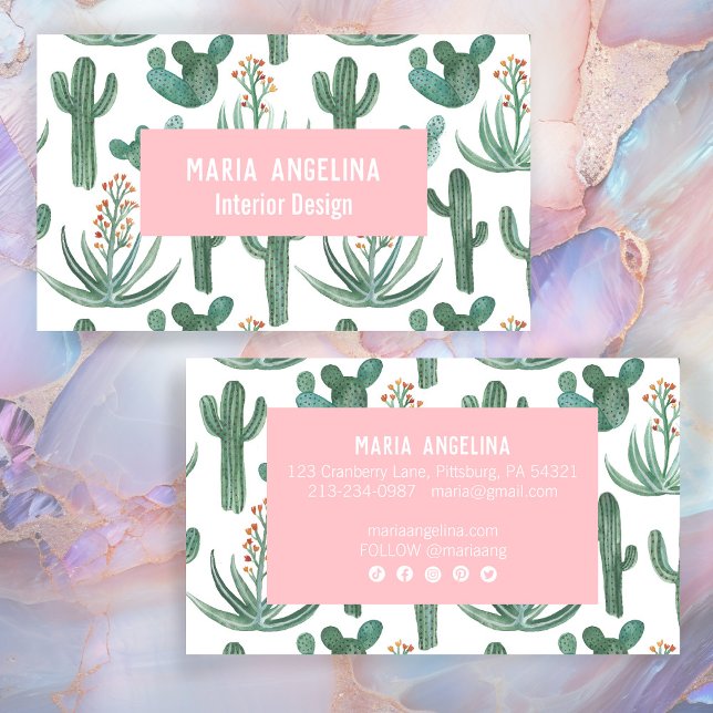 Tarjeta De Visita Diseño de acuarela de cactus y suculentos del desi (Desert Cactus and Succulents Watercolor Design Standard Business Card Pink feminine Social Icons
)