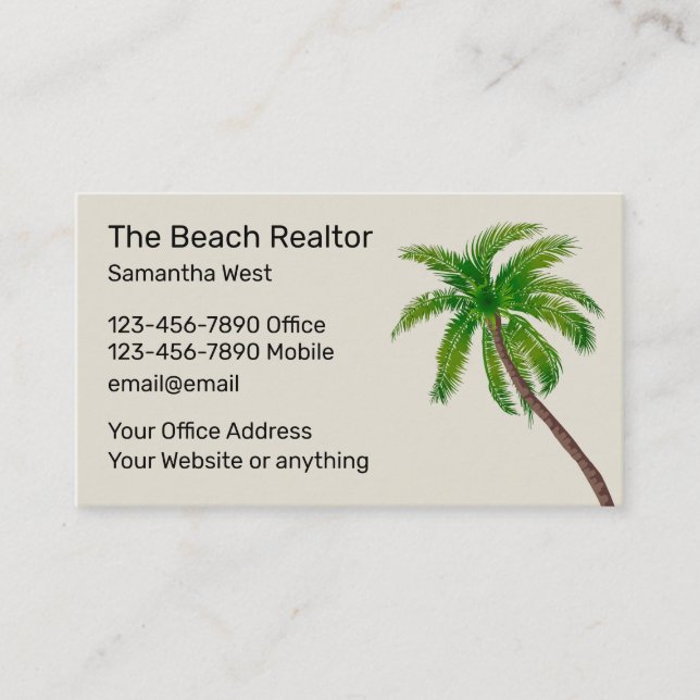 Tarjeta De Visita Diseño de árbol de palmas de Beach Realtor (Anverso)