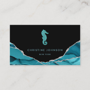 Tarjeta De Visita diseño de caballitos de mar azules en negro