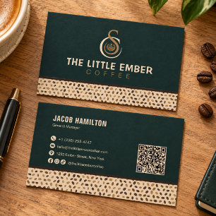 Tarjeta De Visita Diseño de código QR de cafetería en verde oscuro y