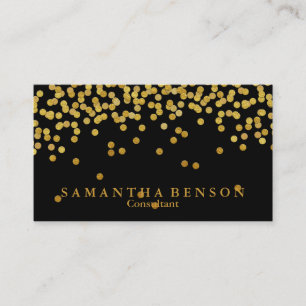 Tarjeta De Visita Diseño de confeti elegante negro y dorado metálico