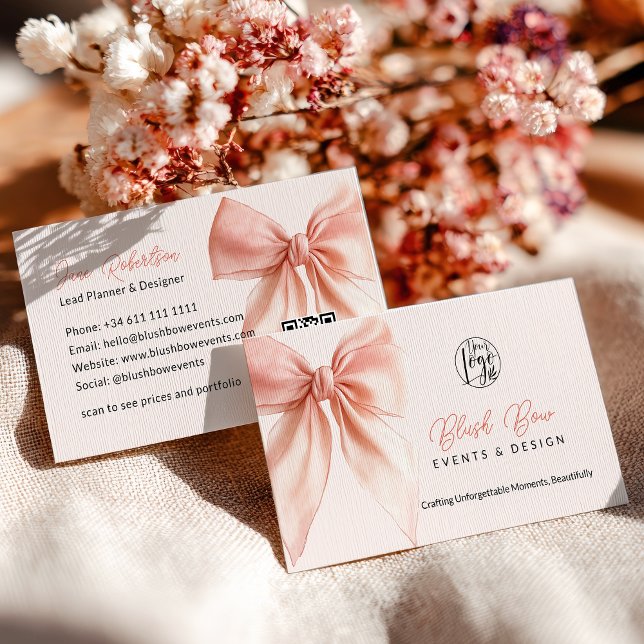 Tarjeta De Visita Diseño de eventos elegantes de Rubor Pink Coquette (Blush Pink Coquette Bow Elegant Events Design Business Card)