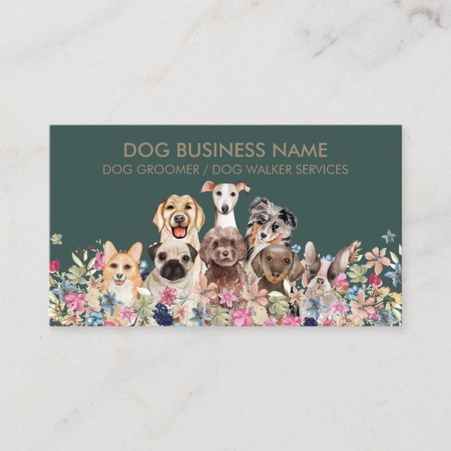 Tarjeta De Visita Diseño de flores de dibujo de perros (Anverso)