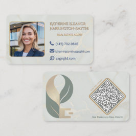 Tarjeta De Visita Diseño de foto QR de mármol de salvia y oro de luj
