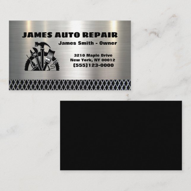 Tarjeta De Visita  Diseño de herramientas metalizado Auto-reparación (Anverso / Reverso)