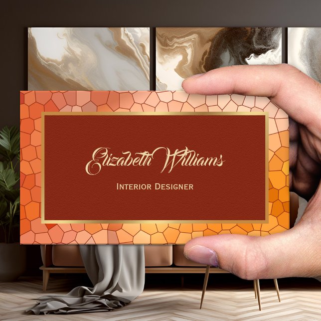 Tarjeta De Visita Diseño de interiores Burgundy Terra Cotta Gold (Business card showing a stained glass design with burgundy, terra cotta and gold - interior designer)
