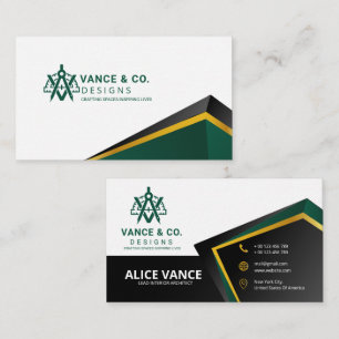 Tarjeta De Visita Diseño de interiores de arquitectura verde dorada