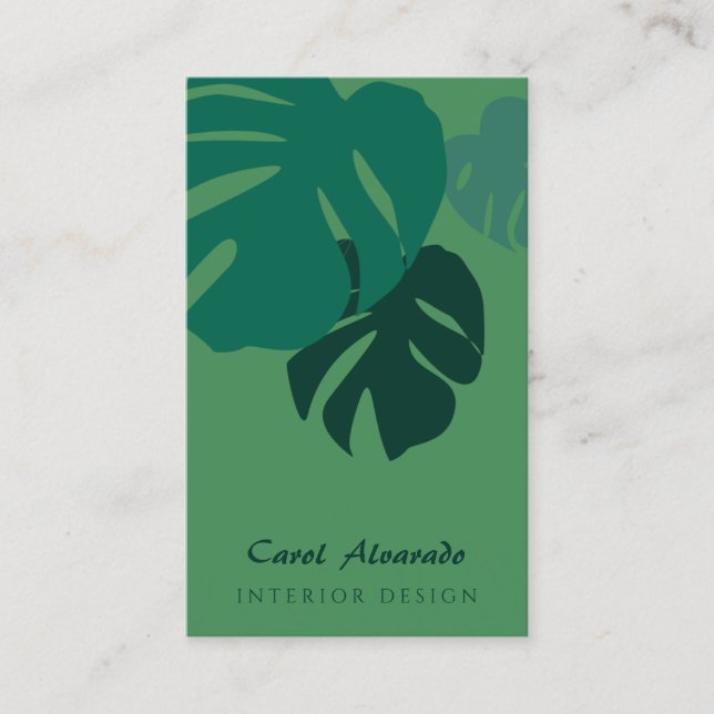 Tarjeta De Visita Diseño de interiores de hojas de monstera verde (Anverso)