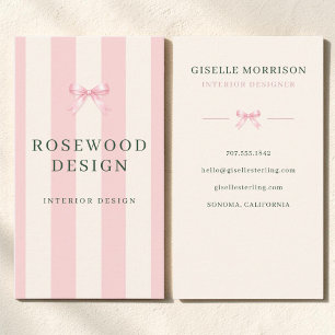 Tarjeta De Visita Diseño de interiores de lazo preppy rayado de rosa