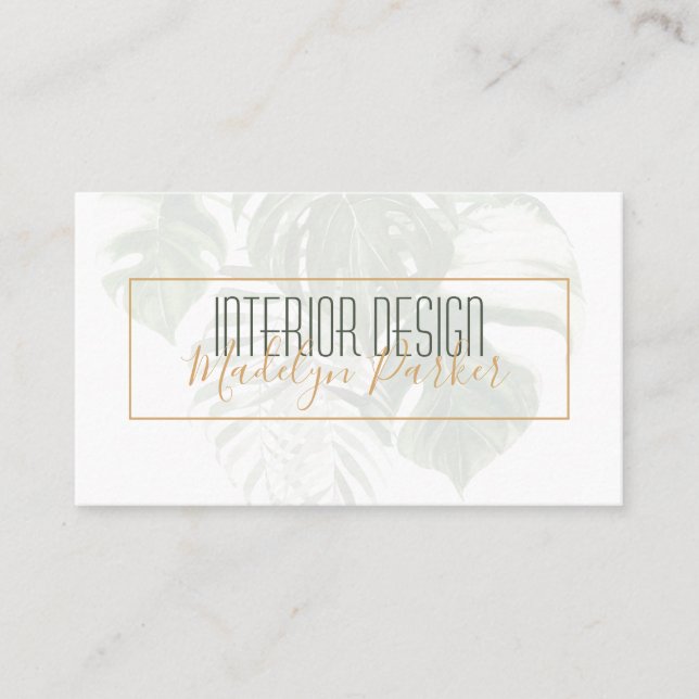 Tarjeta De Visita Diseño de interiores modernos con hojas tropicales (Anverso)