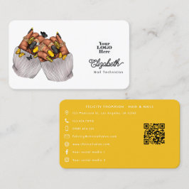Tarjeta De Visita Diseño de marca de salón de uñas negro y amarillo 
