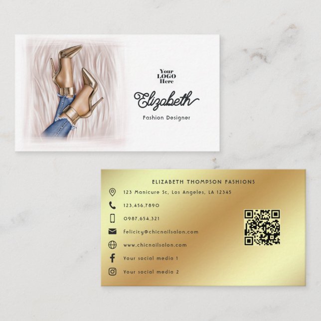 Tarjeta De Visita Diseño de moda Glam Moda Gold Stilettos y Denim (Anverso / Reverso)