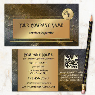 Tarjeta De Visita Diseño de Monograma Profesional QR Metálico Dorado