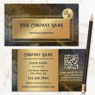 Tarjeta De Visita Diseño de Monograma Profesional QR Metálico Dorado