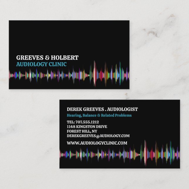 Tarjeta De Visita Diseño de ondas sonoras, Audiólogo, Audiología Clí (Anverso / Reverso)