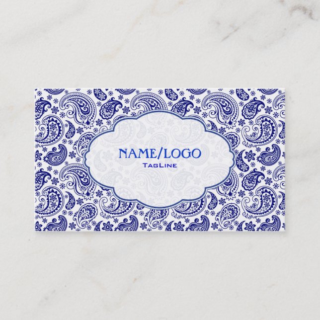 Tarjeta De Visita Diseño de patrón paisley azul sobre blanco retro (Anverso)