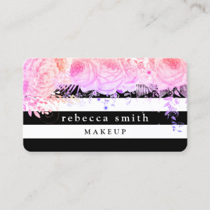 Tarjeta De Visita Diseño de rayas blancas con motivos florales y vi