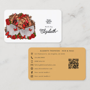 Tarjeta De Visita Diseño de Salón de Uñas Afroamericano Rojo Intenso
