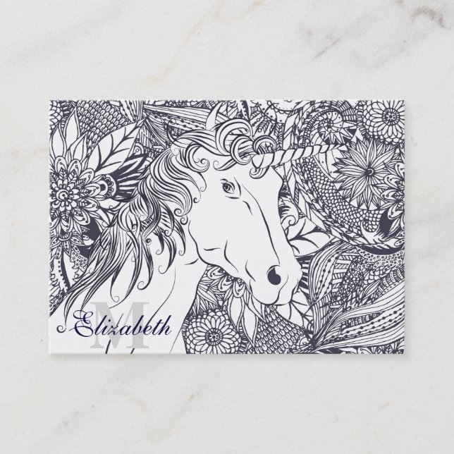 Tarjeta De Visita Diseño de unicornio y mandala floral (Anverso)