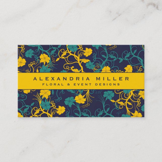 Tarjeta De Visita Diseño floral azul marino y amarillo brillante (Anverso)