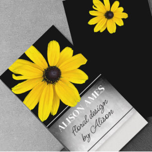 Tarjeta De Visita diseño floral de flor amarillo soleado sobre negro