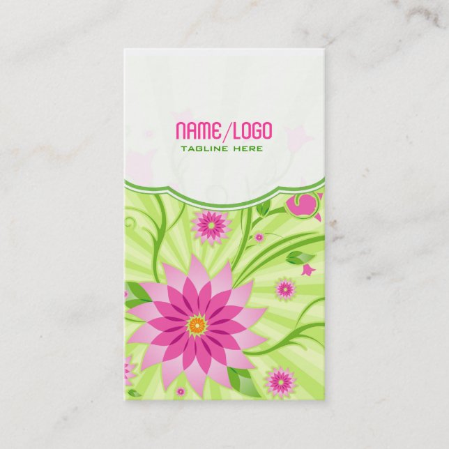 Tarjeta De Visita Diseño floral de resumen rosa y verde (Anverso)