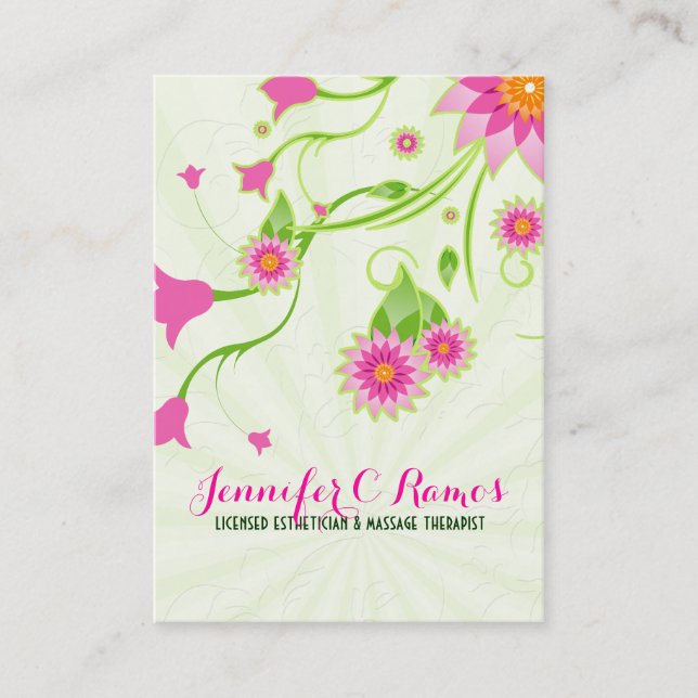 Tarjeta De Visita Diseño floral elegante rosa y verde (Anverso)