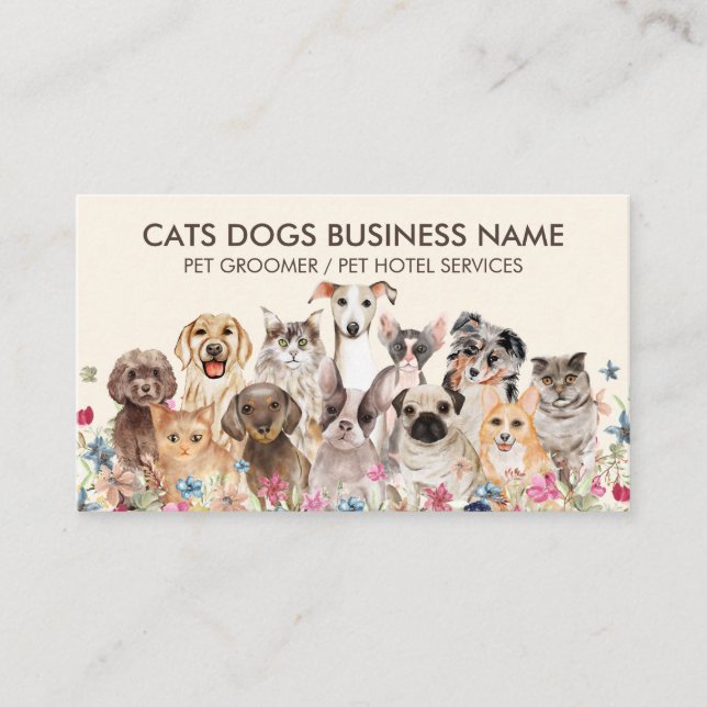 Tarjeta De Visita Diseño floral marrón con perros gatos (Anverso)