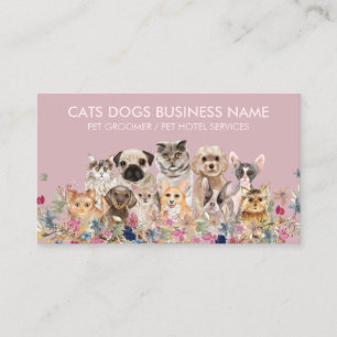 Tarjeta De Visita Diseño floral rosa con gatos perros
