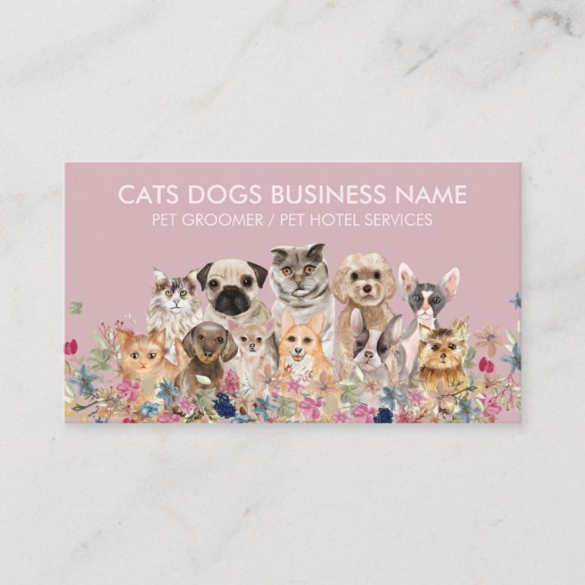 Tarjeta De Visita Diseño floral rosa con perros gatos (Anverso)