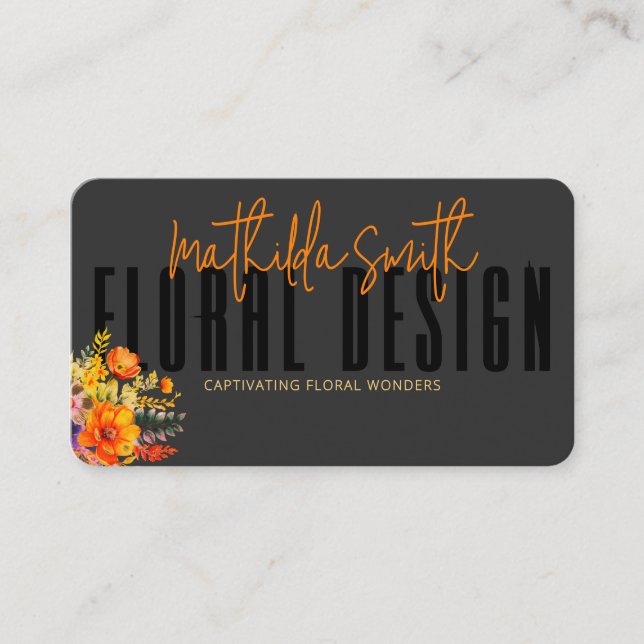 Tarjeta De Visita Diseño Floral Sofisticado Flores Naranjas Negras (Anverso)