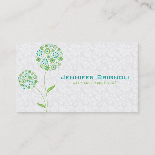 Tarjeta De Visita Diseño Floral Verde Blanco Y Azul Pastel (Anverso)