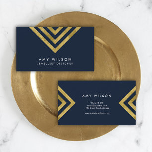 Tarjeta De Visita Diseño geométrico de Moda azul oscuro Faux Gold