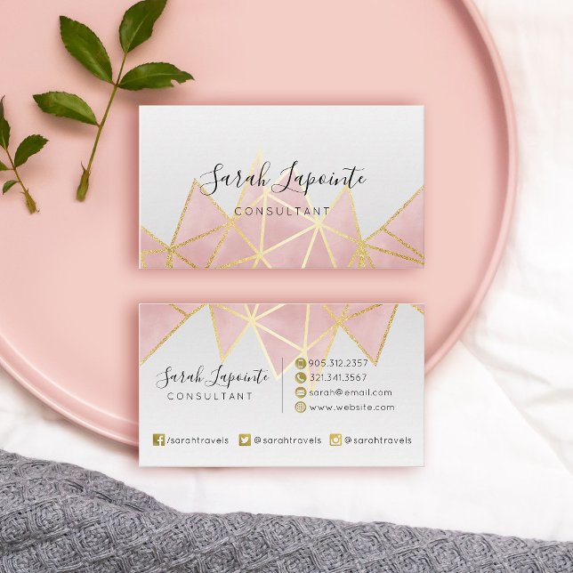 Tarjeta De Visita Diseño geométrico rosado de moda Faux Gold y Rosa (Pink Geometric Design Business Card)