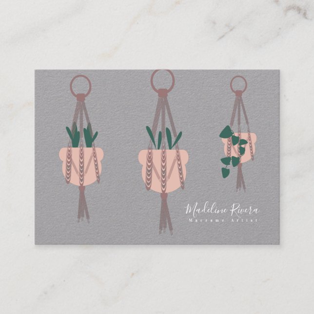 Tarjeta De Visita Diseño hecho a mano por artista de Macrame Planta  (Anverso)