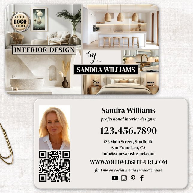 Tarjeta De Visita Diseño interior de Collage de fotos de cartera (Interior design business card featuring a portfolio photo collage - social media - QR code)