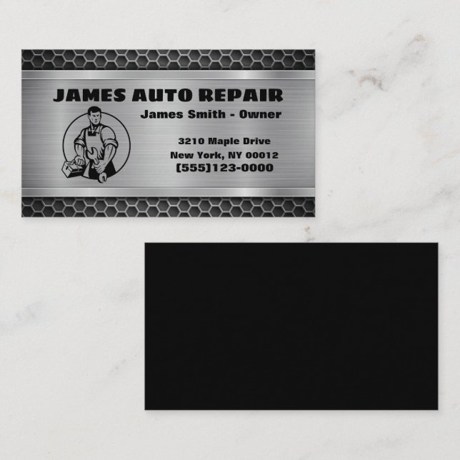 Tarjeta De Visita Diseño metalizado Auto-reparación mecánica (Anverso / Reverso)