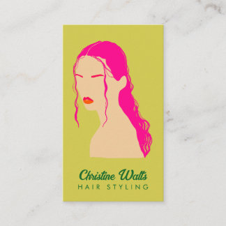 Tarjeta De Visita Diseño Plano de Cabello Verde Lima Rosa Moderno QR